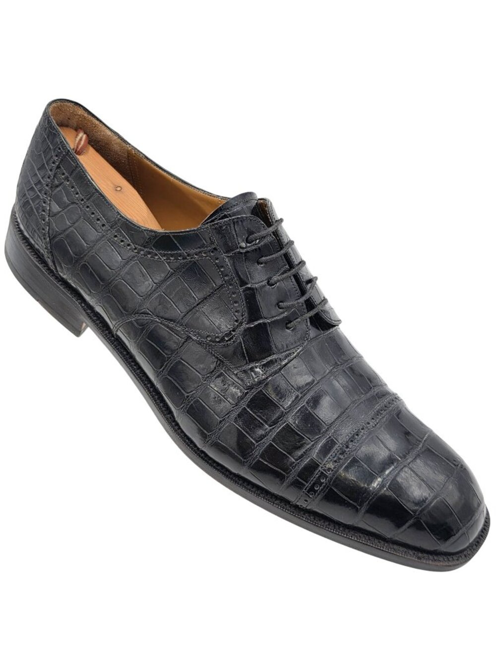 Mezlan Exotic Full Alligator Mens size 15M Black Dress Shoes Cap-toe Derby Spain